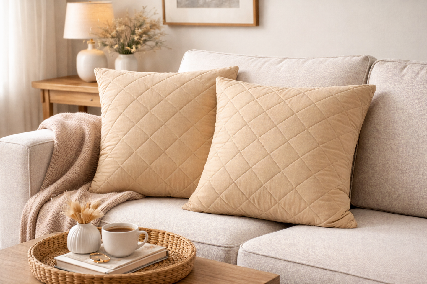 2 PCs Quilted Cushions-Beige cushions Apricot
