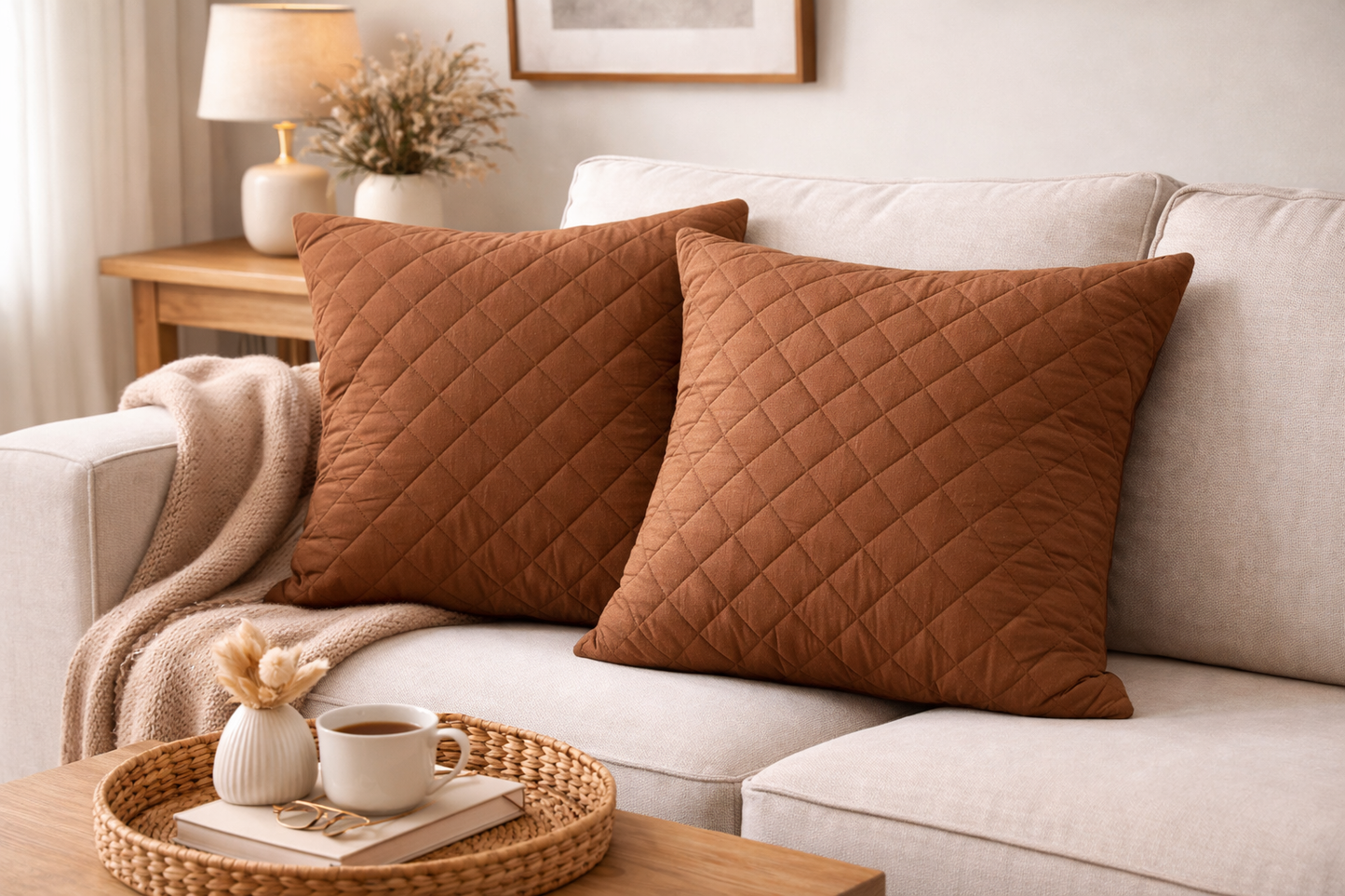 2 PCs Quilted Cushions-Brown cushions Apricot