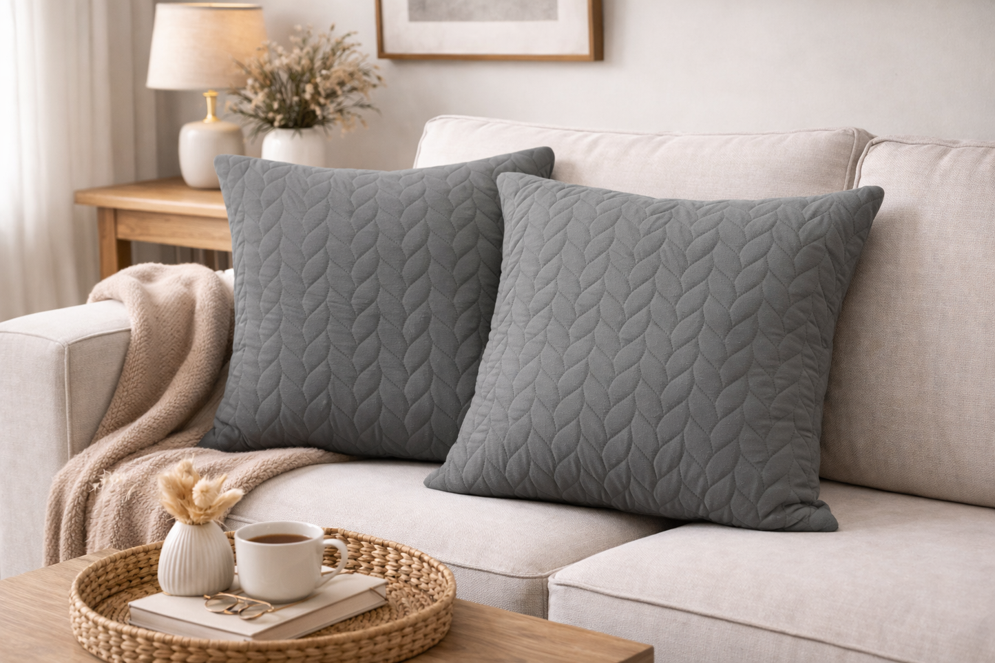 2 PCs Quilted Cushions-Grey(Leaf) cushions Apricot