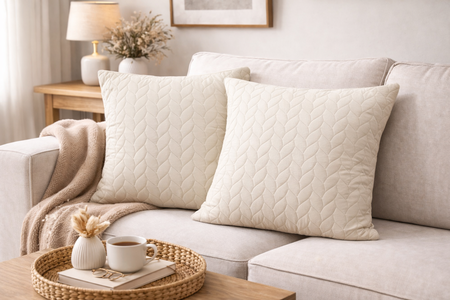 2 PCs Quilted Cushions-Cream(Leaf) cushions Apricot