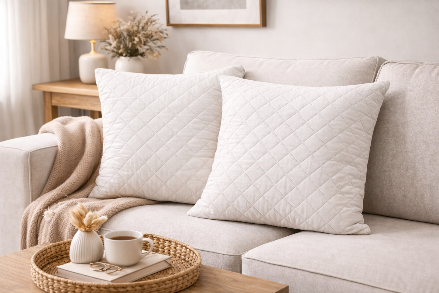 2 PCs Quilted Cushions-Cream(Box) cushions Apricot
