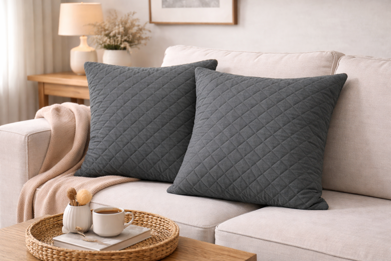 2 PCs Quilted Cushions-Grey(Box) cushions Apricot