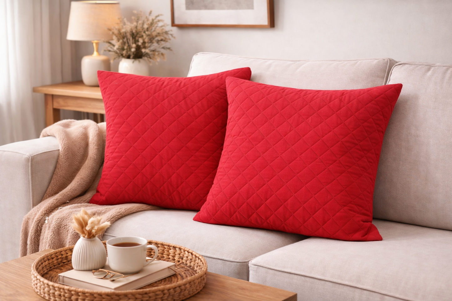 2 PCs Quilted Cushions-Burgundy(Box) cushions Apricot