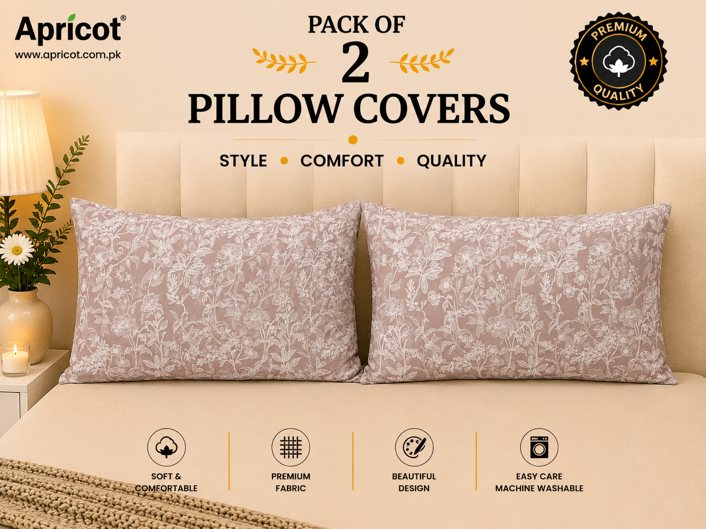 Printed Pillow Covers Pack of 2- PC0080 cushions Apricot