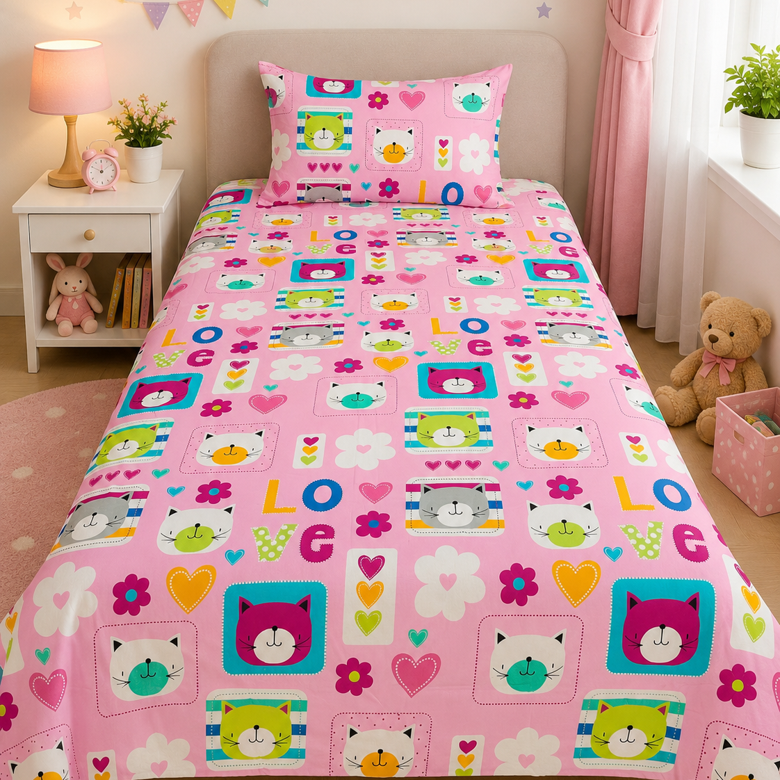 2Pcs Single Bed Sheet- Multi Heart