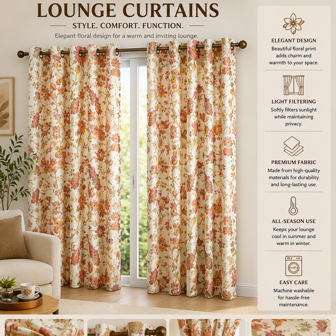 2 PCs Duck Curtains Panel With Lining-CRP021 Curtains Apricot