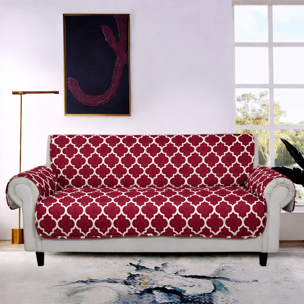 Sofa Cover-Plum Geometric With Pockets Sofa Cover Apricot