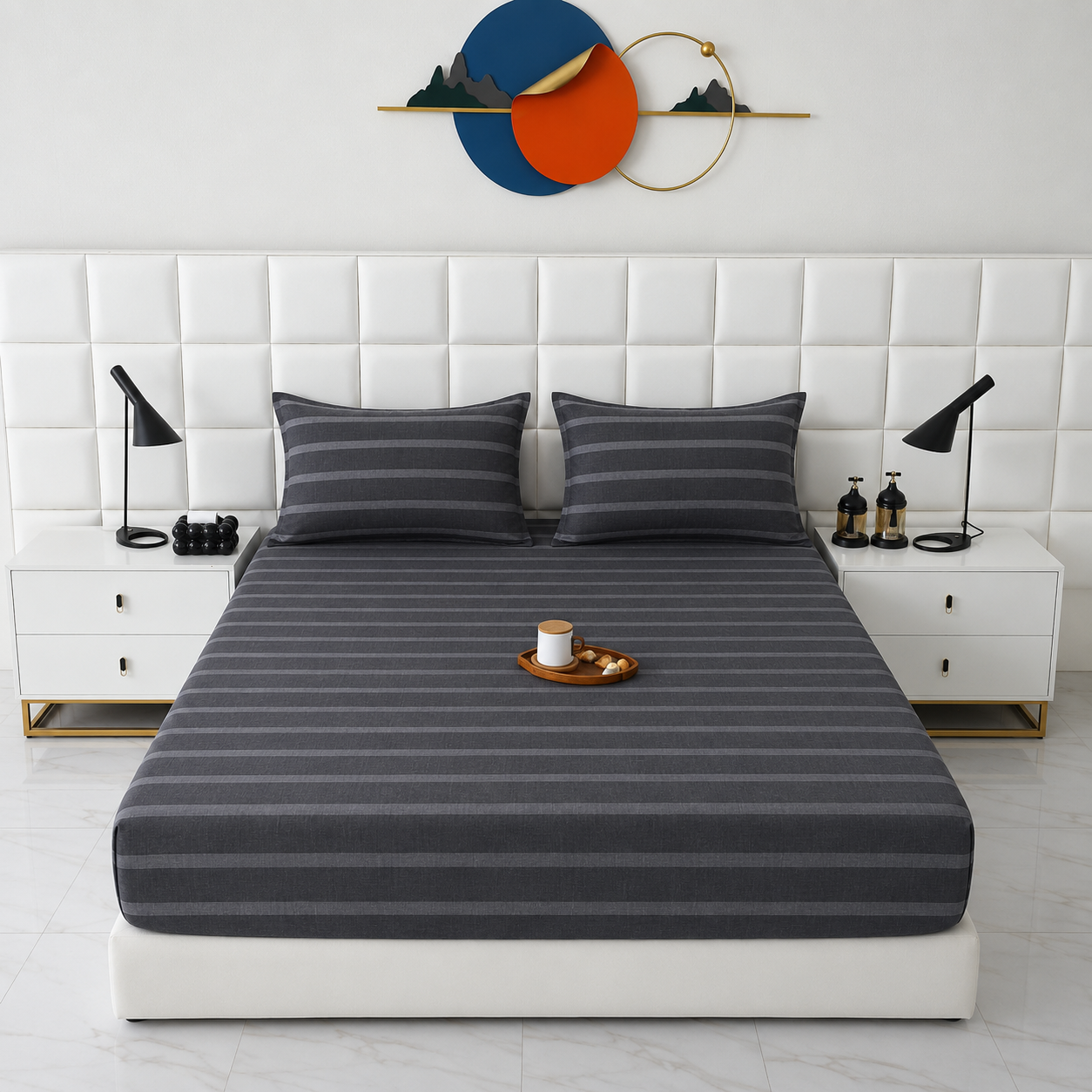 Fitted Bed Sheet- Ash Grey Stripes Fitted Sheets Apricot