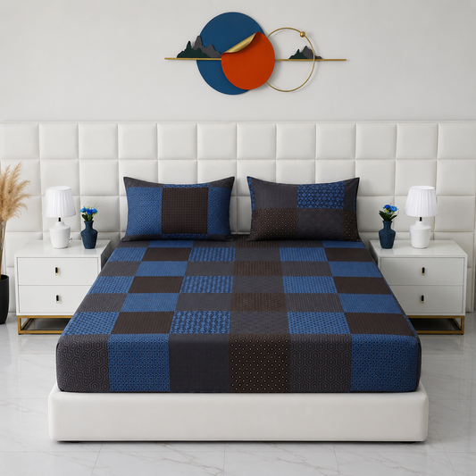 Fitted Bed Sheet- Indigo Patchwork