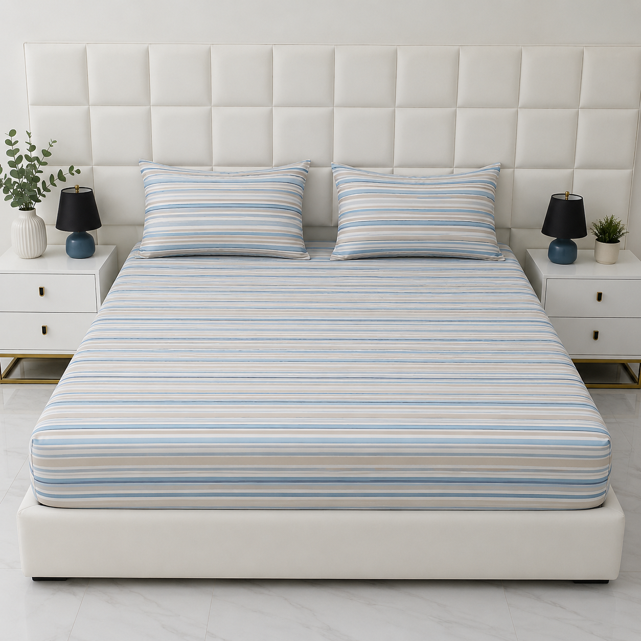 Fitted Bed Sheet- Narrow Stripes Fitted Sheets Apricot
