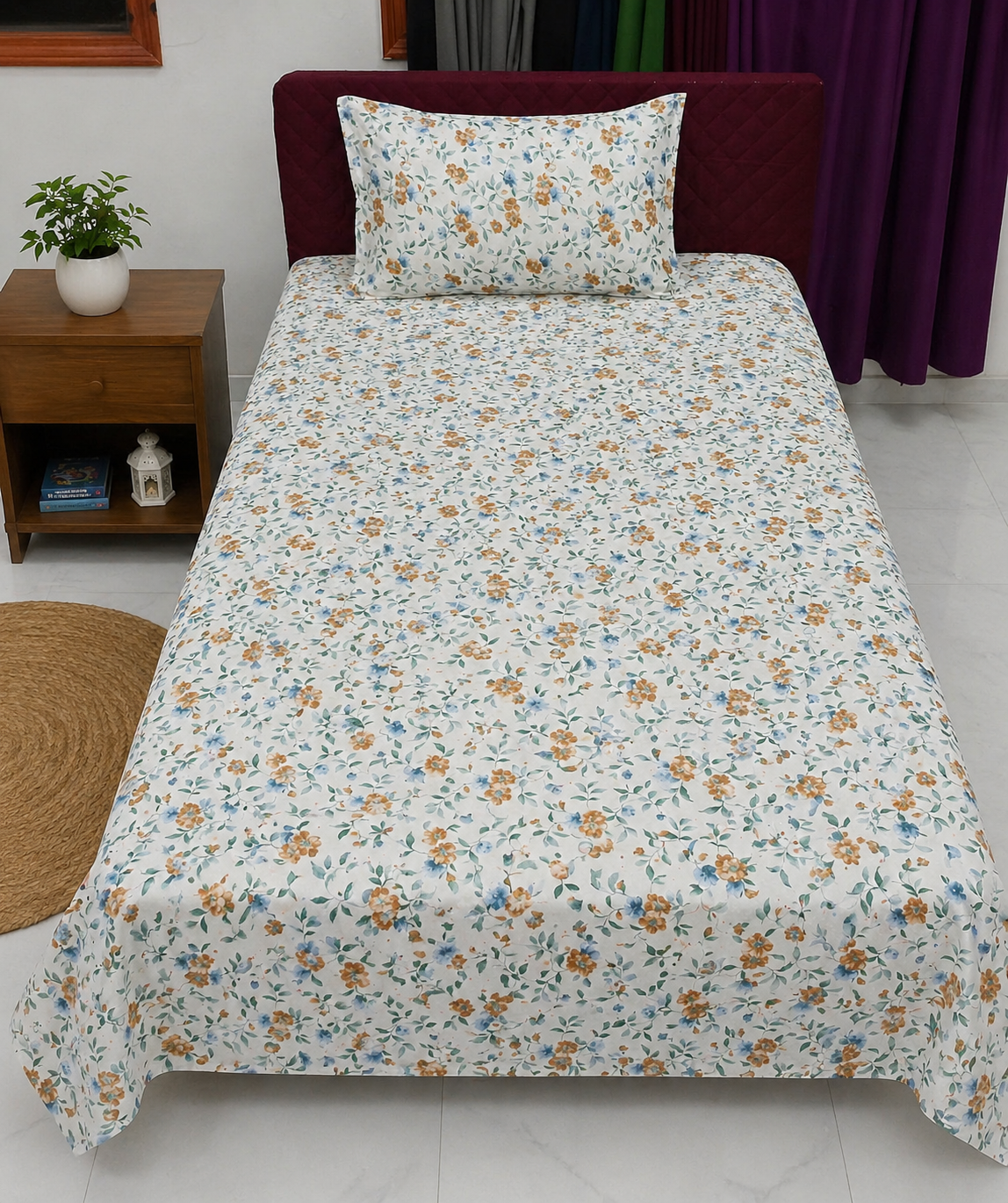 2Pcs Single Bed Sheet- SB338 single bed sheet Apricot