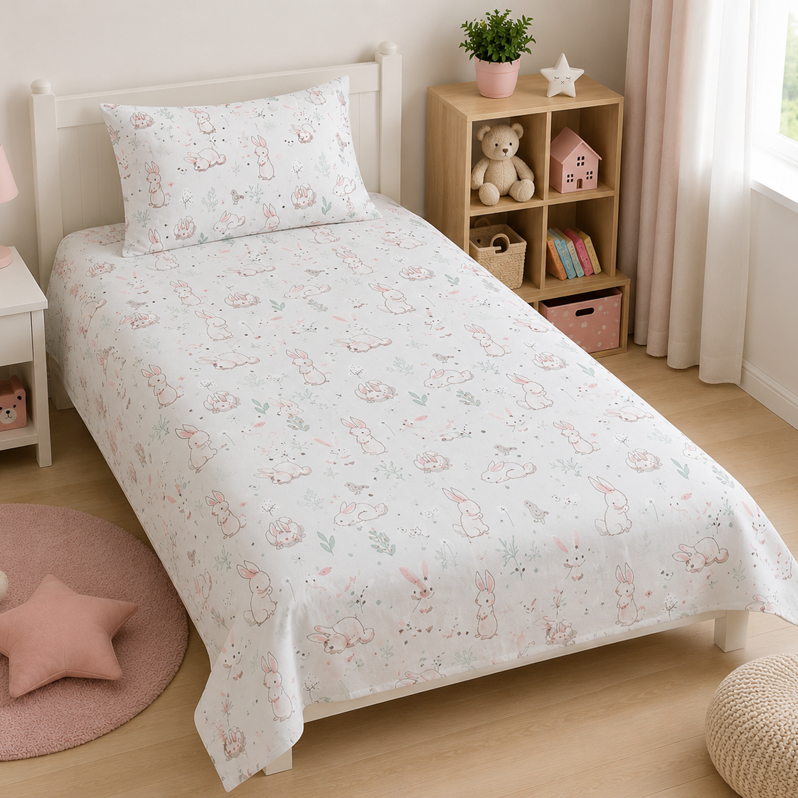 2Pcs Single Bed Sheet- Bunny single bed sheet Apricot