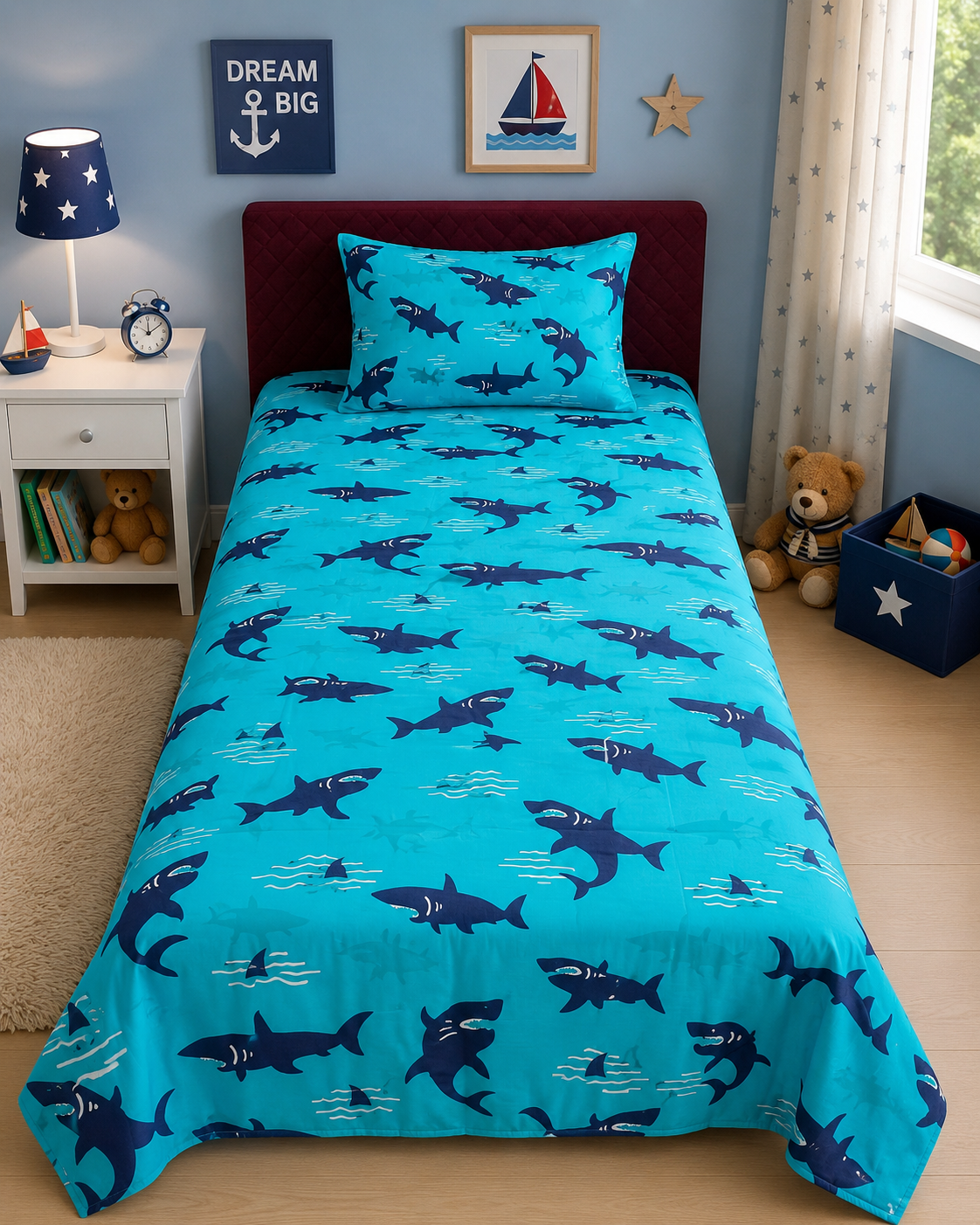 2Pcs Digital Printed Single Bed Sheet- Shark single bed sheet Apricot