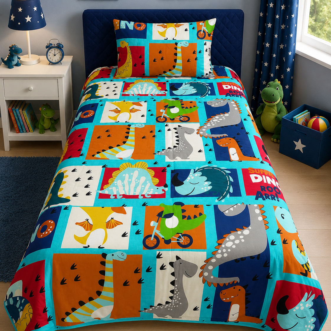 2Pcs Digital Printed Single Bed Sheet- Dino single bed sheet Apricot