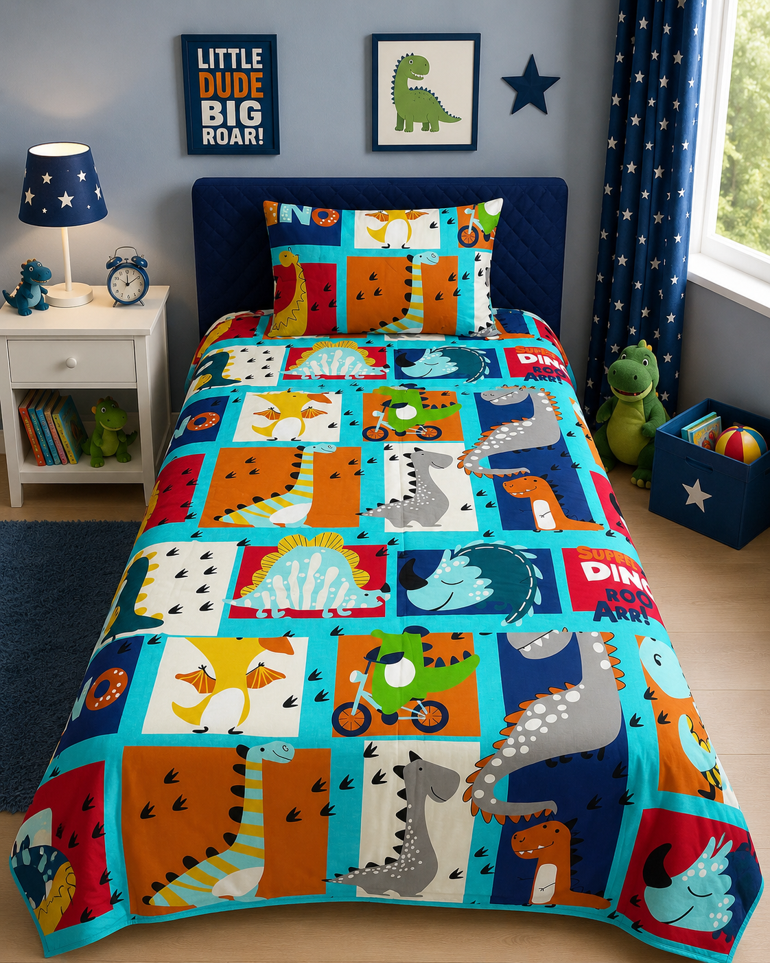 2Pcs Digital Printed Single Bed Sheet- Dino single bed sheet Apricot
