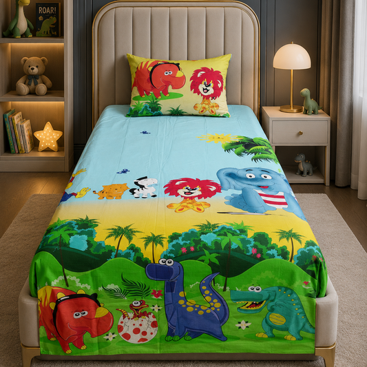 2Pcs Digital Printed Single Bed Sheet- Zoo single bed sheet Apricot