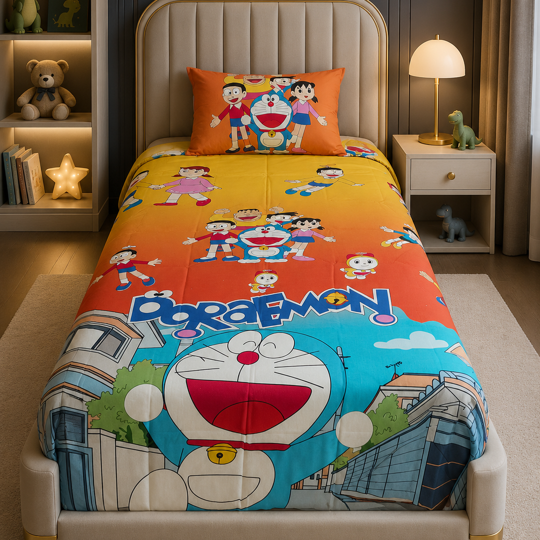 2Pcs Digital Printed Single Bed Sheet- Doraemon single bed sheet Apricot