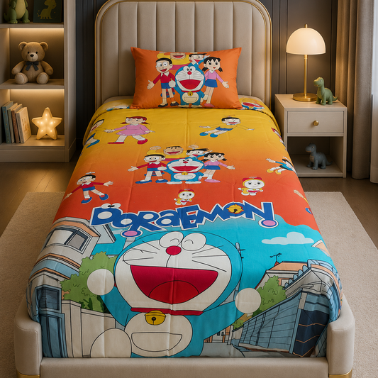 2Pcs Digital Printed Single Bed Sheet- Doraemon single bed sheet Apricot