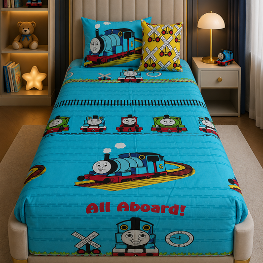 2Pcs Digital Printed Single Bed Sheet- Train single bed sheet Apricot
