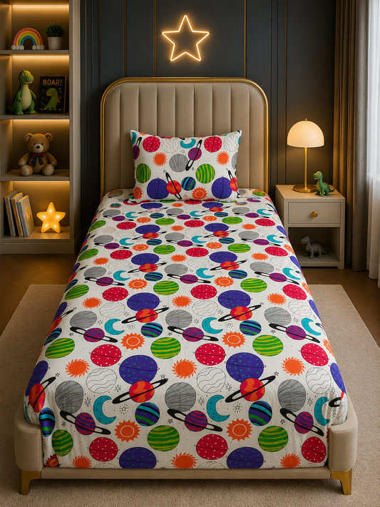 2Pcs Digital Printed Single Bed Sheet- Universe single bed sheet Apricot