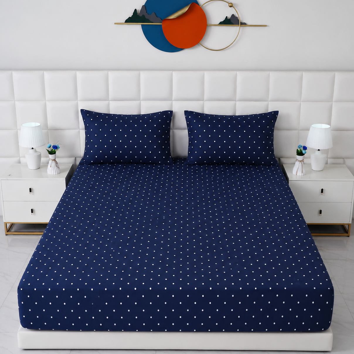 Fitted Bed Sheet- Blue Polka Fitted Sheets Apricot