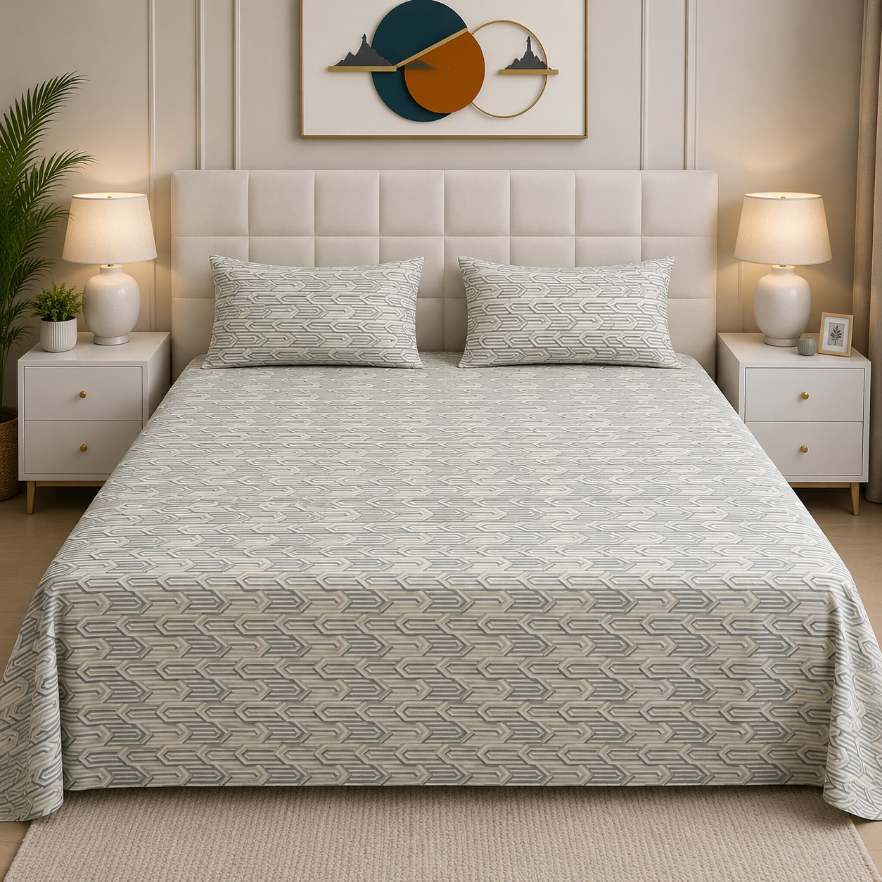 3 PCs Double Bed Sheet- Mint Art BED SHEET Apricot