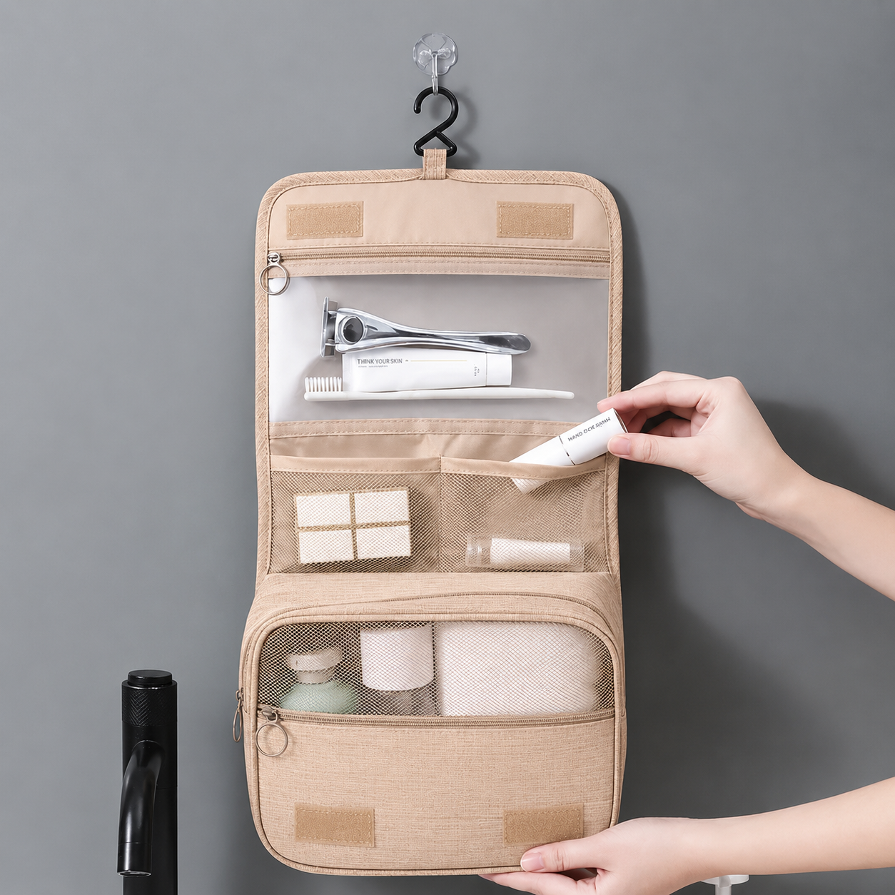 Large capacity travel bag-SA2408-296(Beige) Cosmetic Pouches Apricot