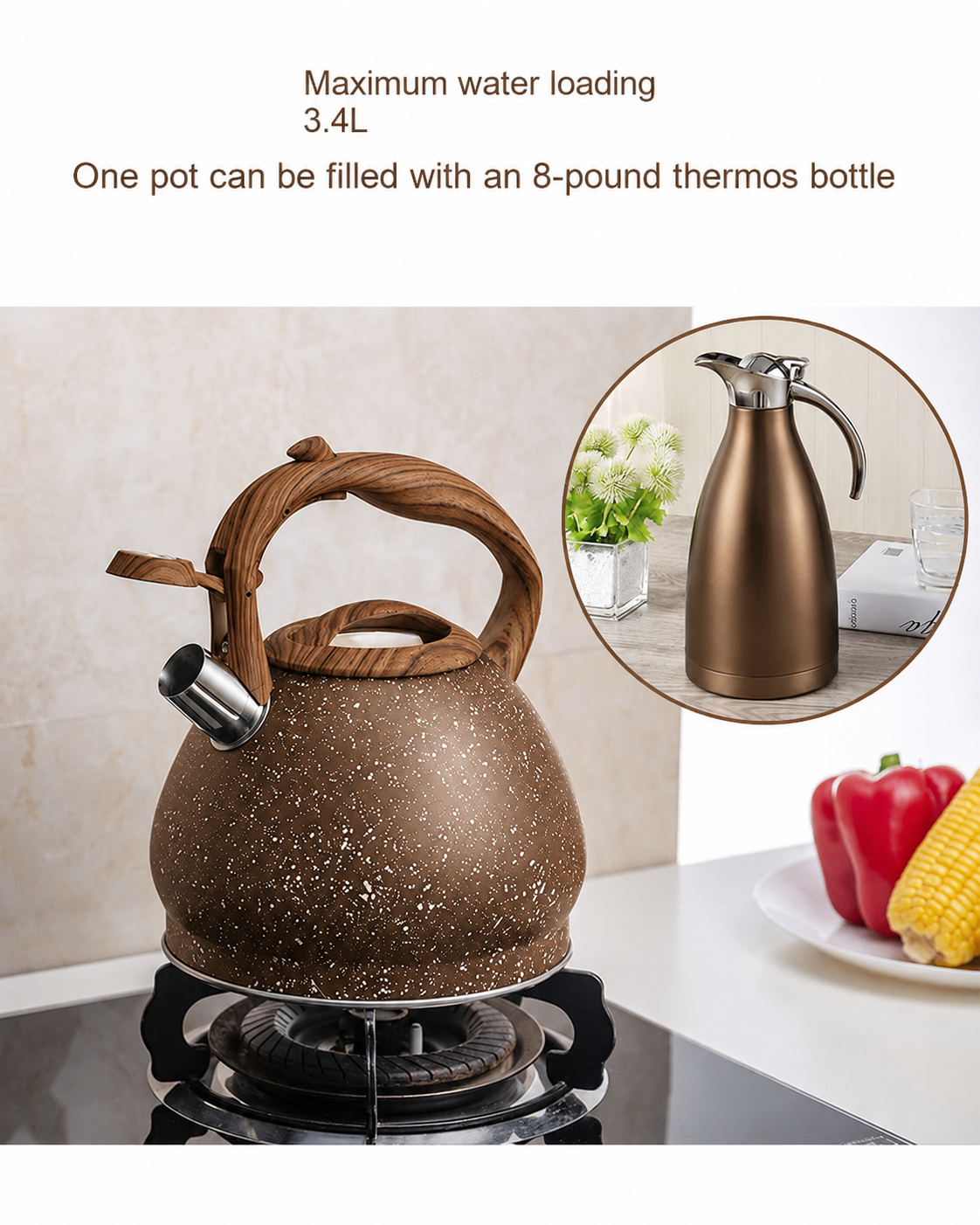 Stainless Steel One Touch Button Whistle Teapot with Anti Scalding Handle- Brown Texture Apricot