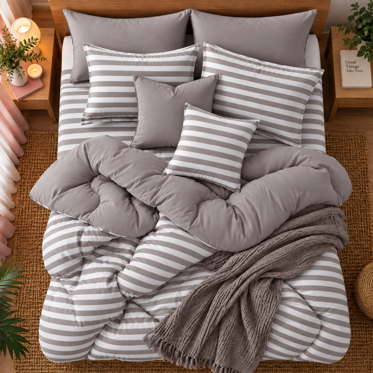 8 PCs Winter Razai Set- Beige Stripes