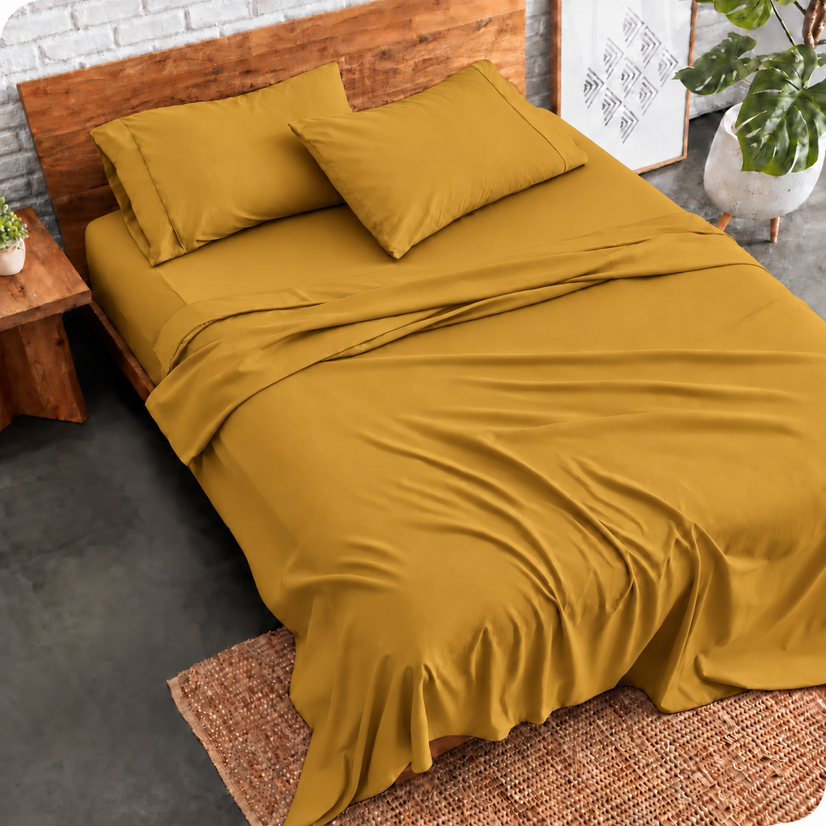 3 PCs Double Bed Sheet Dyed- Mustard