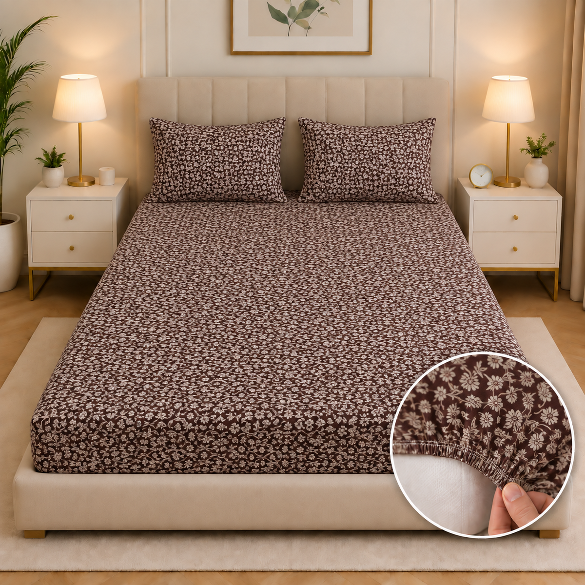 Fitted Bed Sheet- Brown Floral