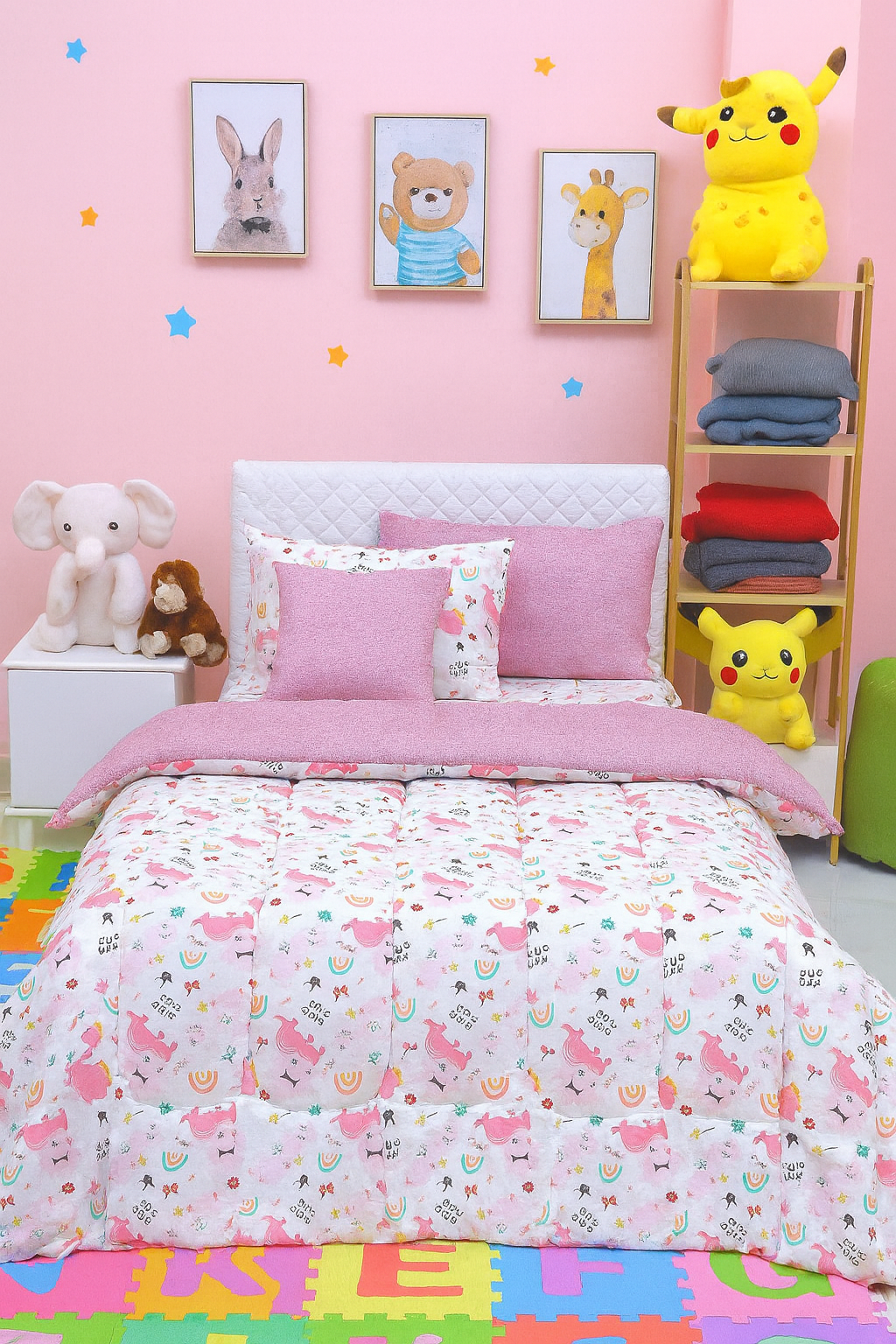 5 PCs Single Kids Comforter Set-Rainbow Comforters Apricot