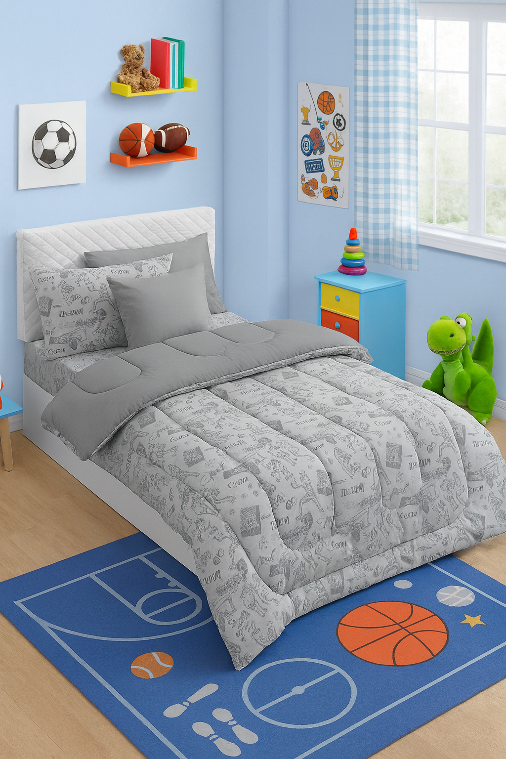 5 PCs Single Kids Comforter Set-Football Ground Comforters Apricot
