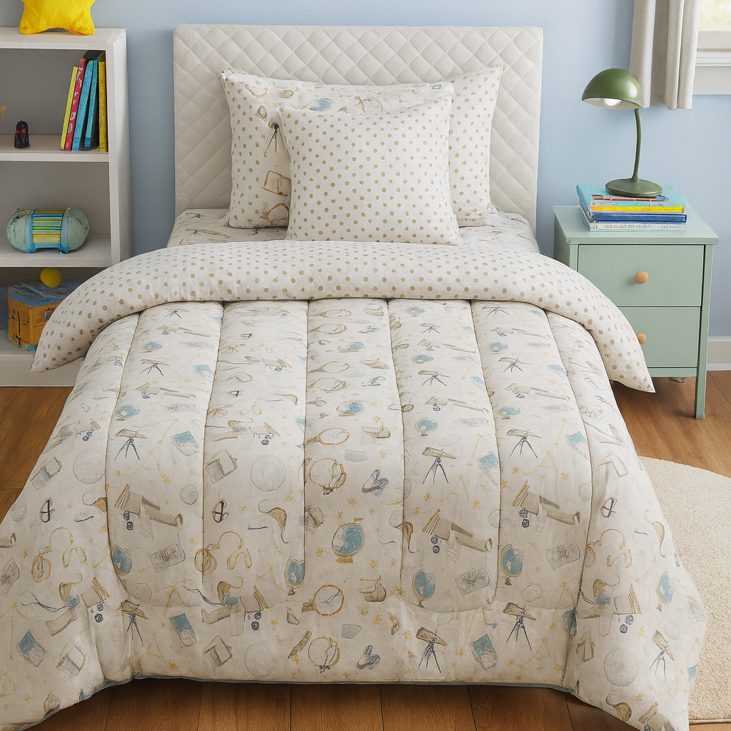 5 PCs Single Kids Razai Set-Universe Comforters Apricot