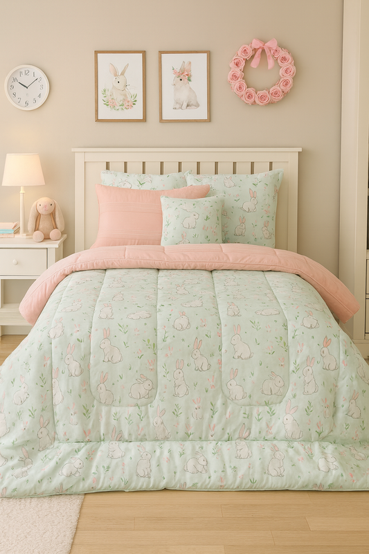 5 PCs Single Kids Razai Set-White Bunny Comforters Apricot