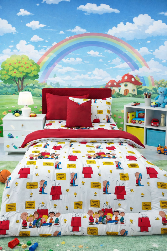 5 PCs Single Kids Razai Set-Cartoons Party Comforters Apricot