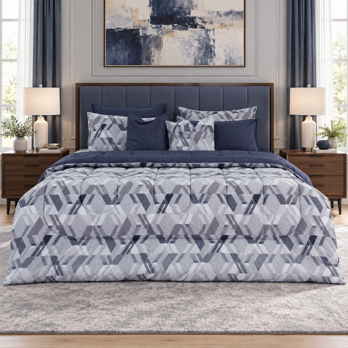 8 PCs Winter Razai Set-Grey Triangles Comforters Apricot