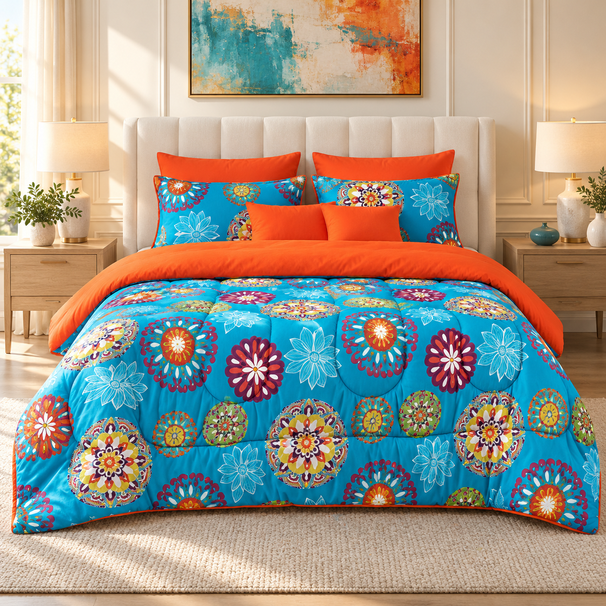 8 PCs Winter Comforter Set- Turquoise Flower Comforters Apricot