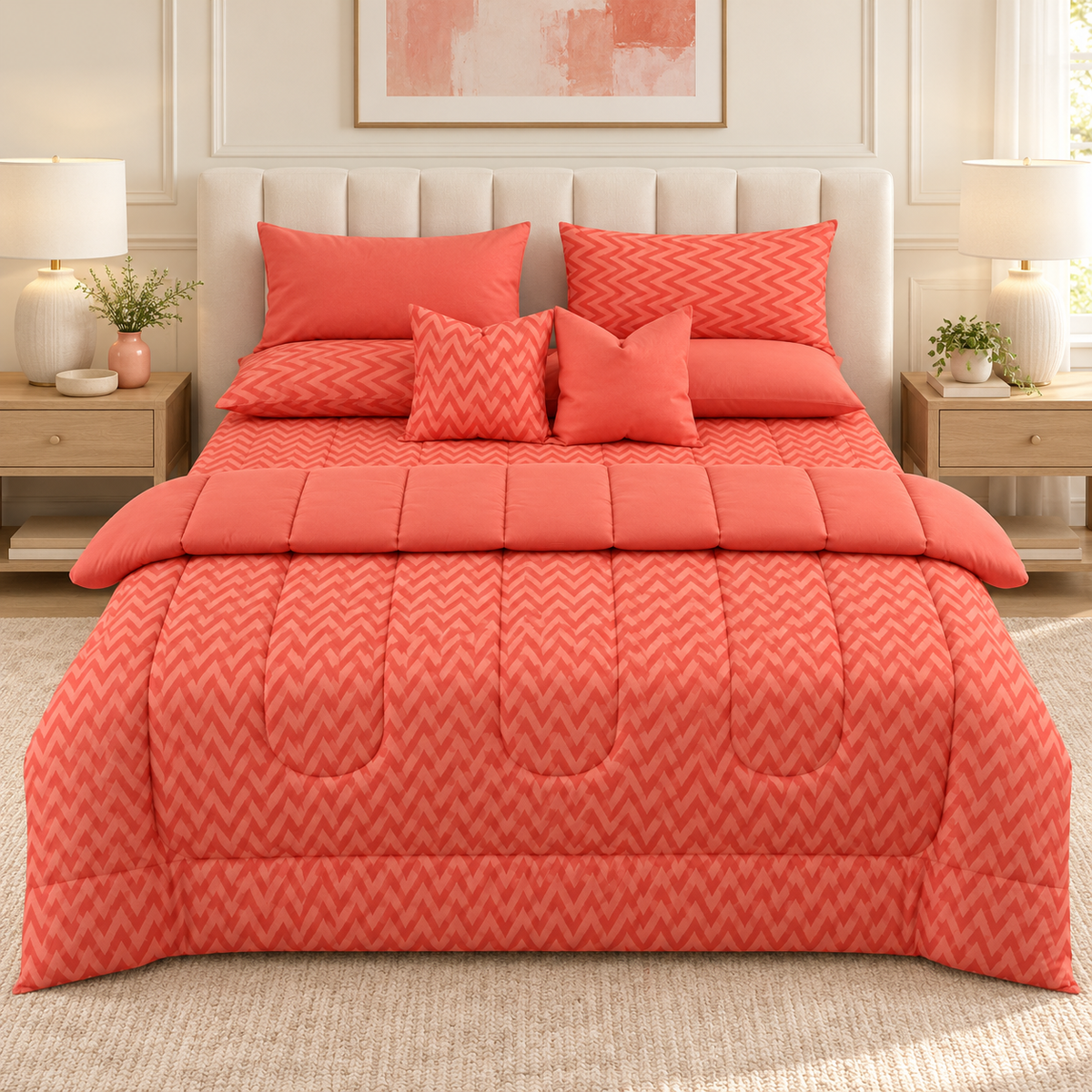 8 PCs Winter Razai Set-Peach Chevron Comforters Apricot