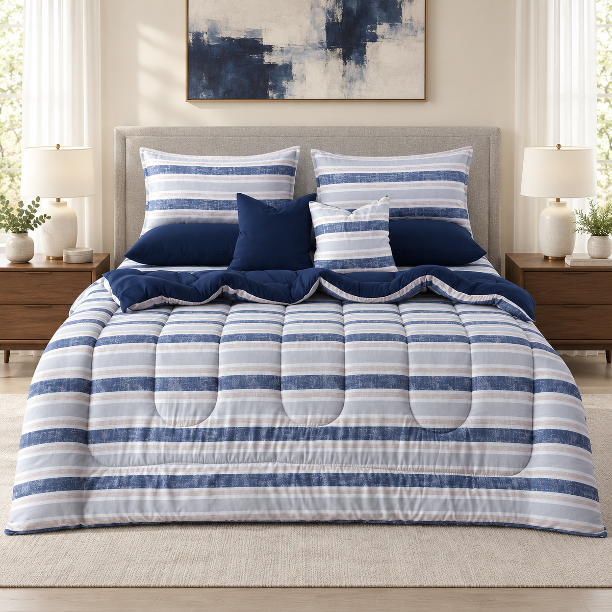 8 PCs Winter Razai Set-Chase Stripe Comforters Apricot