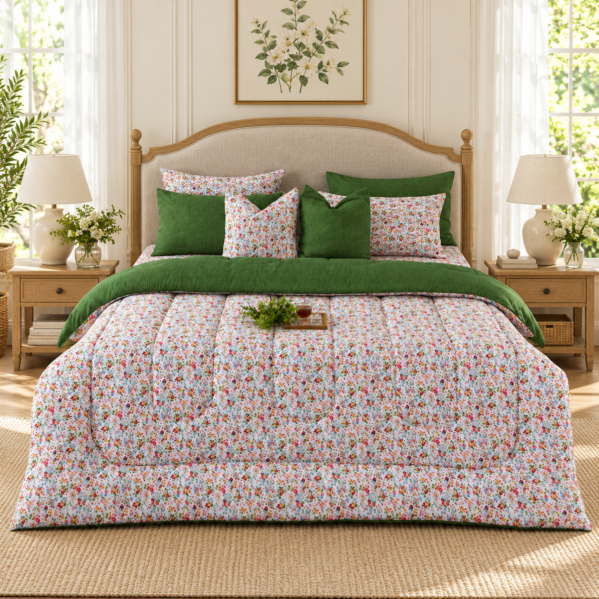 8 PCs Winter Razai Set-Green Hellebore Comforters Apricot