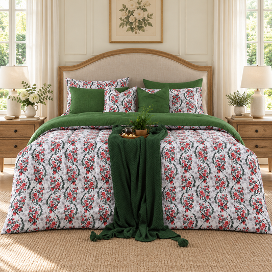 8 PCs Winter Razai Set-Emerald Blooms Comforters Apricot