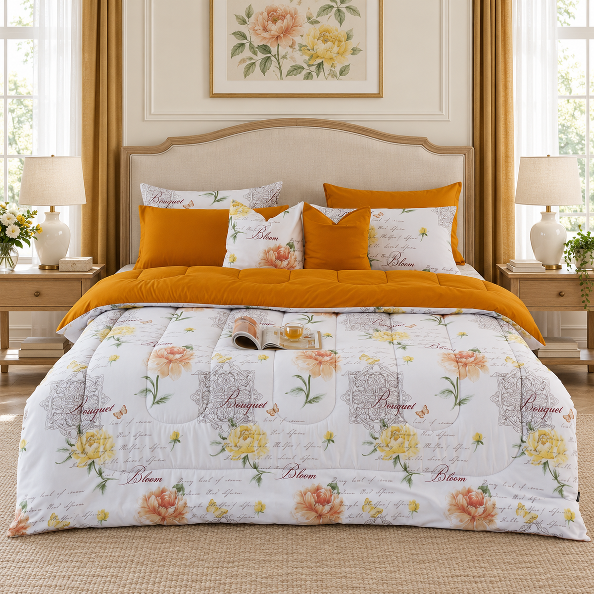 8 PCs Winter Razai Set-Mustard Flowers Comforters Apricot