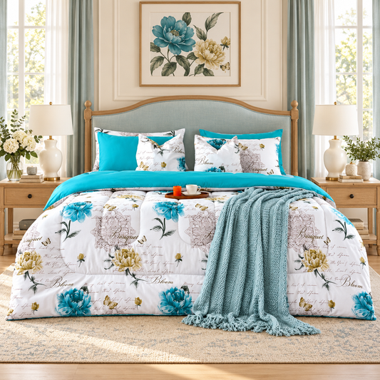 8 PCs Winter Razai Set-Blue Flowers Comforters Apricot