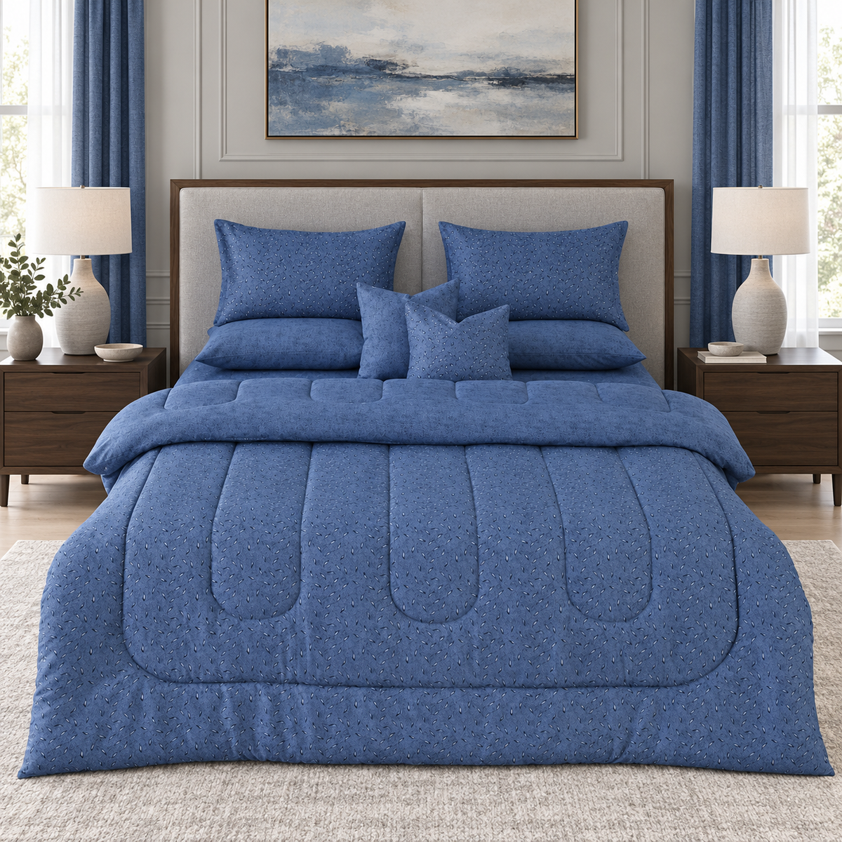 8 PCs Winter Razai Set-Raincloud Blue Feathers Comforters Apricot