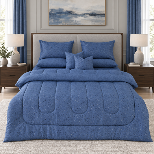 8 PCs Winter Razai Set-Raincloud Blue Feathers Comforters Apricot
