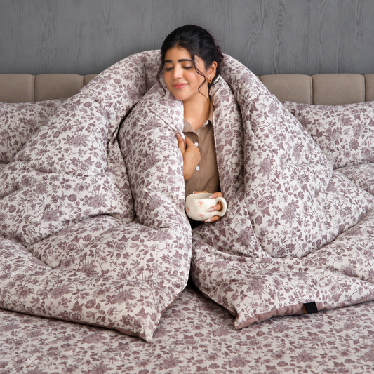 8 PCs Premium Winter Razai Set- Floral whisper Comforters Apricot