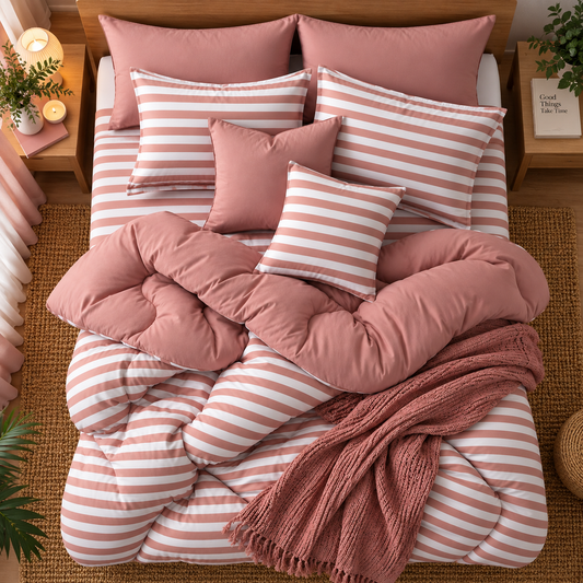8 PCs Winter Razai Set- Rose Pink Stripes