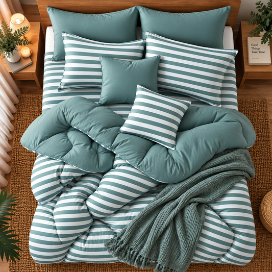 8 PCs Winter Razai Set- Green Stripes