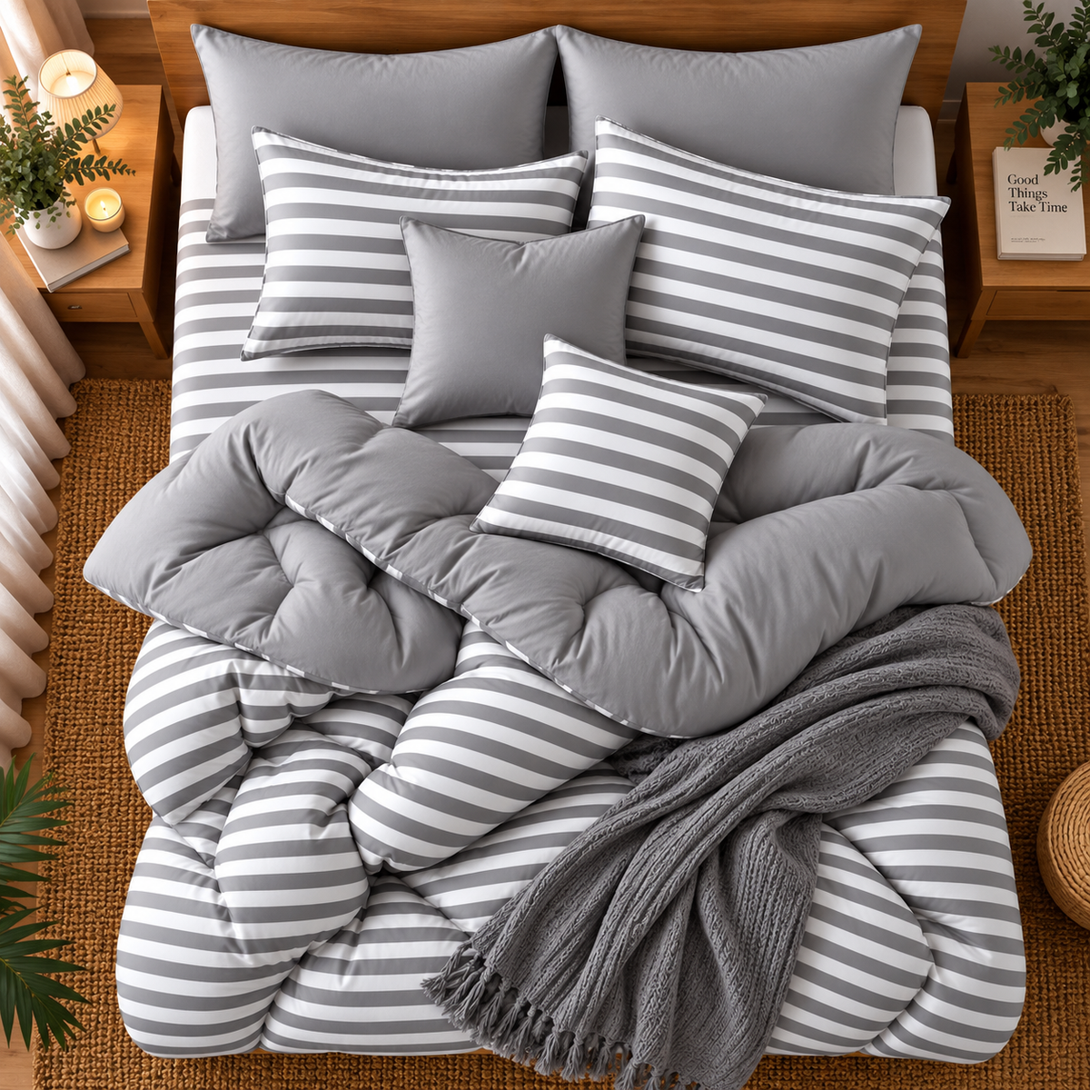 8 PCs Winter Razai Set- Grey Stripes Comforters Apricot